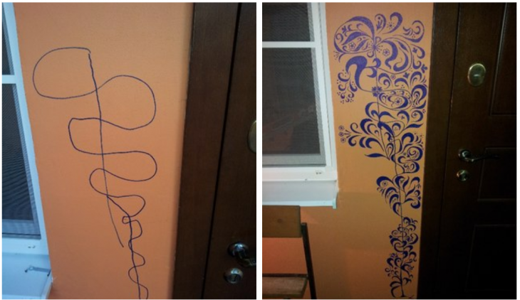 Исправил настенный вандализм. Дети нарисовали маркером возле входной двери, но один из жильцов не расстроился и решил все исправить.