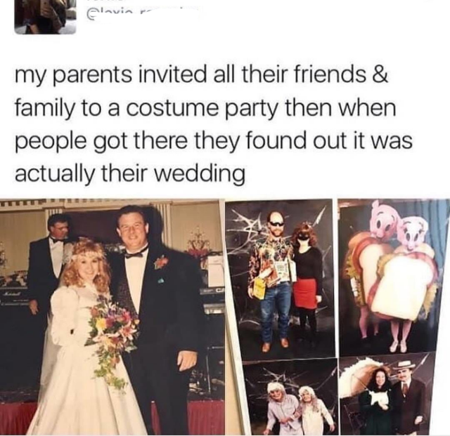 Они позвали всех своих друзей на тематическую вечеринку в костюмах и когда они пришли выяснилось, что это на самом деле их свадьба