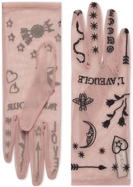 вышивка а-ля тату на нежных фатиновых перчатках