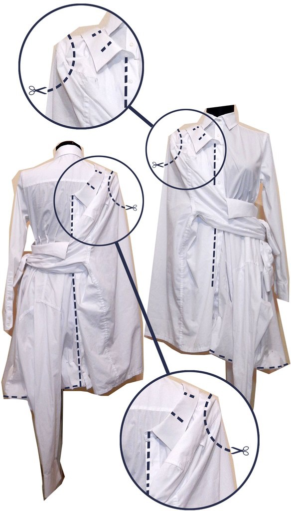 На правое плечо рубашки-основы крепится женская рубашка размера XL и образует правую половину ассиметричного платья. Застежка рубашки размера XL сходится с застежкой модуля-основы, сзади же полочка крепится по центру спинки
