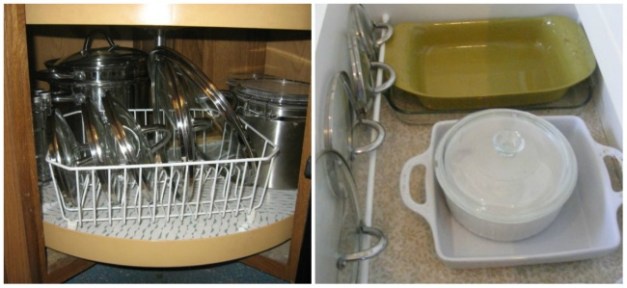 Сушилка для посуды или специальная небольшая штанга в ящике помогут решить проблему с вечно мешающими крышками