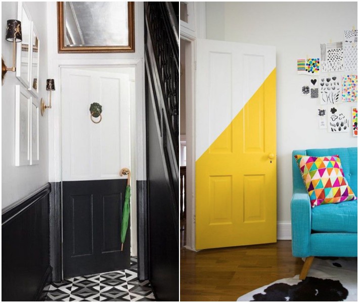 Яркие двери в интерьере. Краска для прихожка. Как задекорировать дверь в прихожей. Как можно задекорировать дверь в квартире молдами.